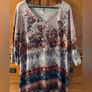 Catherines 3/4 Sleeve V-Neck Tunic Studded Embellished Flowers A-line Swing Top